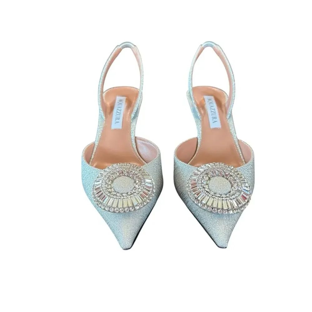 Aquazzura Crystal Hoop 50 Slingback Pumps Kitten Heel Silver NEW EU 37 US 7